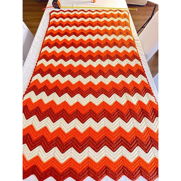 Handmade Zigzag Crochet Afghan Orange and Cream Blanket - Picture 1 of 5